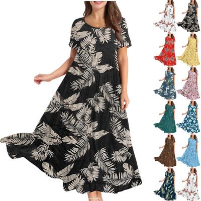 Γυναικείο Casual Loose Bohemian Floral Φόρεμα Κοντό μανίκι μακρύ μάξι καλοκαιρινό φόρεμα με κούνια στην παραλία