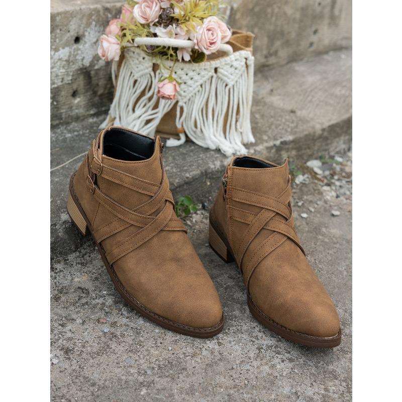 Pointed Toe Woven Martin Boots Women's Winter 2025 New Thick Heel Vintage Side Zipper Plus Size Booties