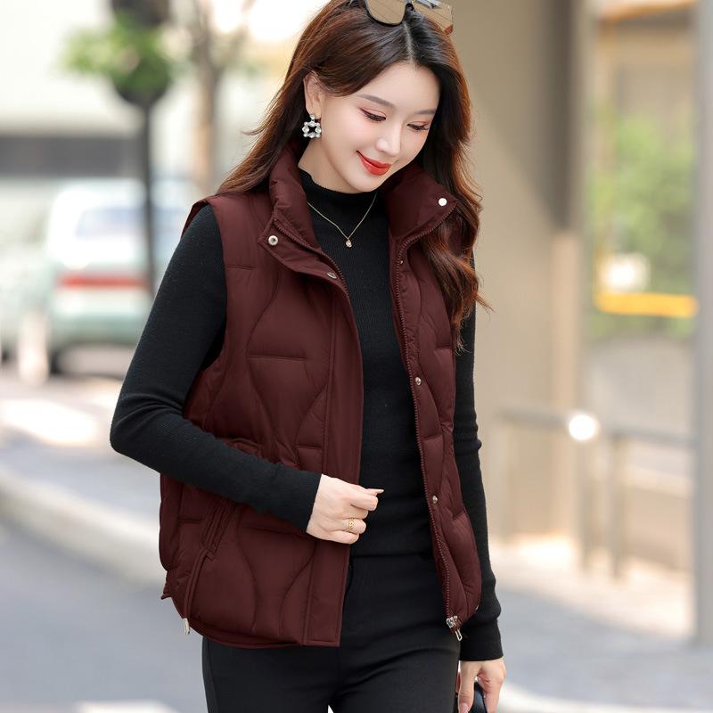 Dámská volná krátká bavlněná vesta Design prošívání stojatou hlavou Zesílená a hřejivá