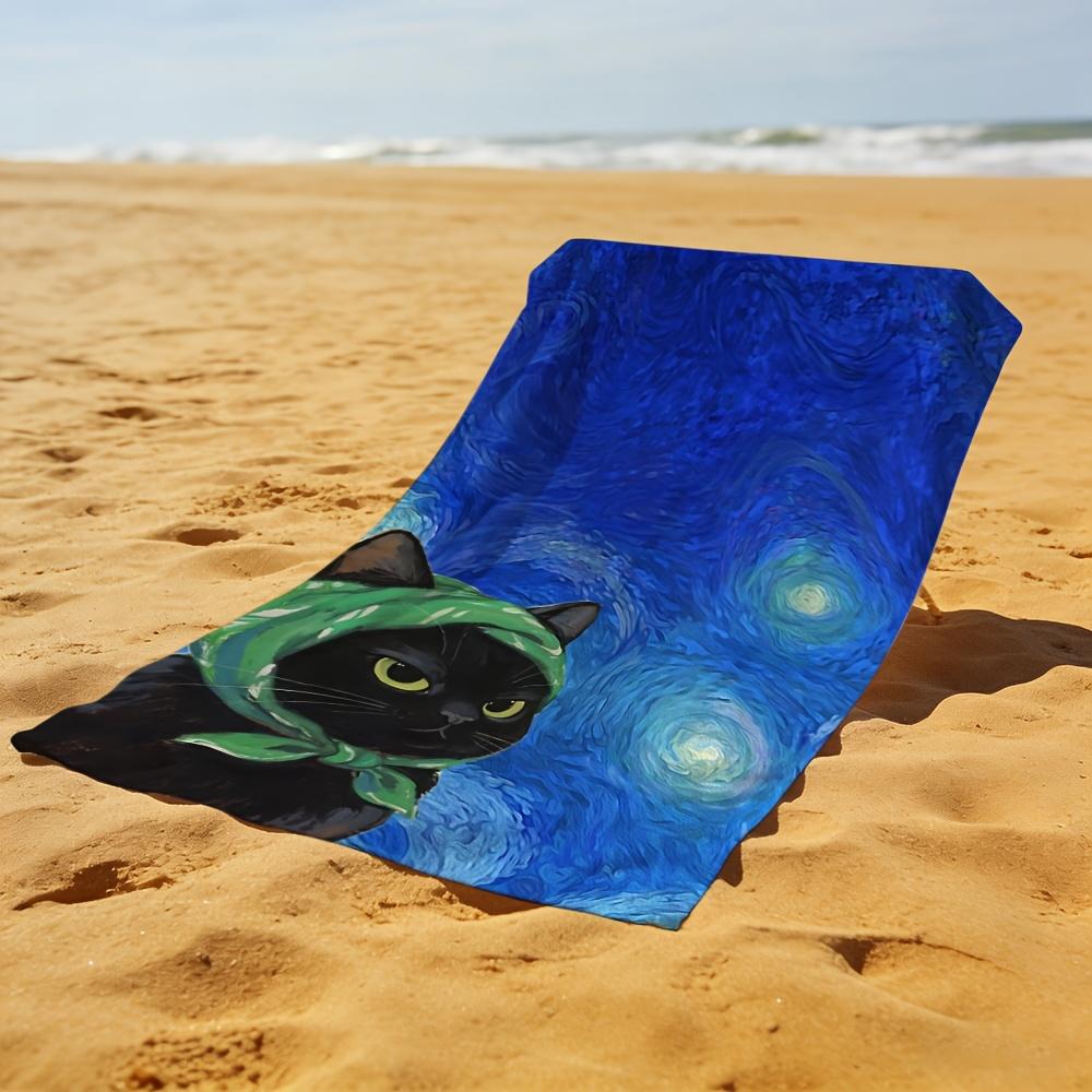 2D Flat, 1pc, Black Cat with Green Scarf in Starry Swirl Beach Towel, Soft and Skin-friendly, Non-shedding,Easy to Clean,Durable