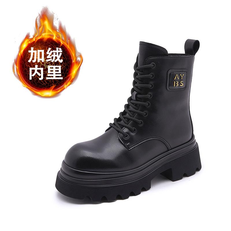 Retro leather Martin boots for women's 2025 winter new medium boots thick-soled velvet versatile British short boots for women