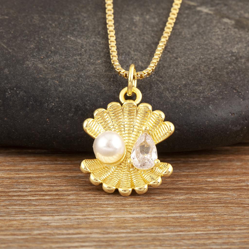 Nidin Elegant Shell Shape Inlaid Pearl Zircon Pendant Necklace For Women Female Compact Exquisite Clavicle Chain Jewelry Gifts