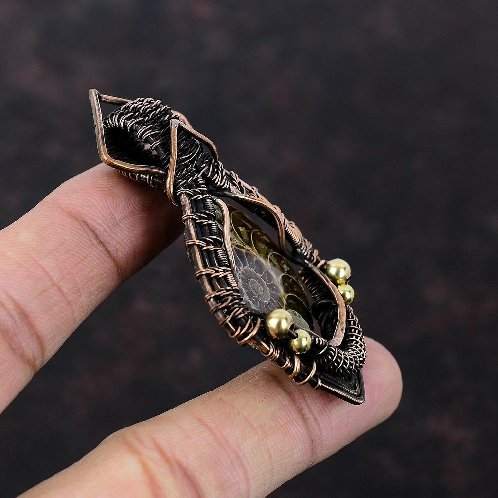Ammonite Fossil Pendant Copper Wire Wrapped Gemstone Jewelry Copper Pendant Ethnic Jewelry Handmade Pendant Wire Wrap Pendant Gift For Women