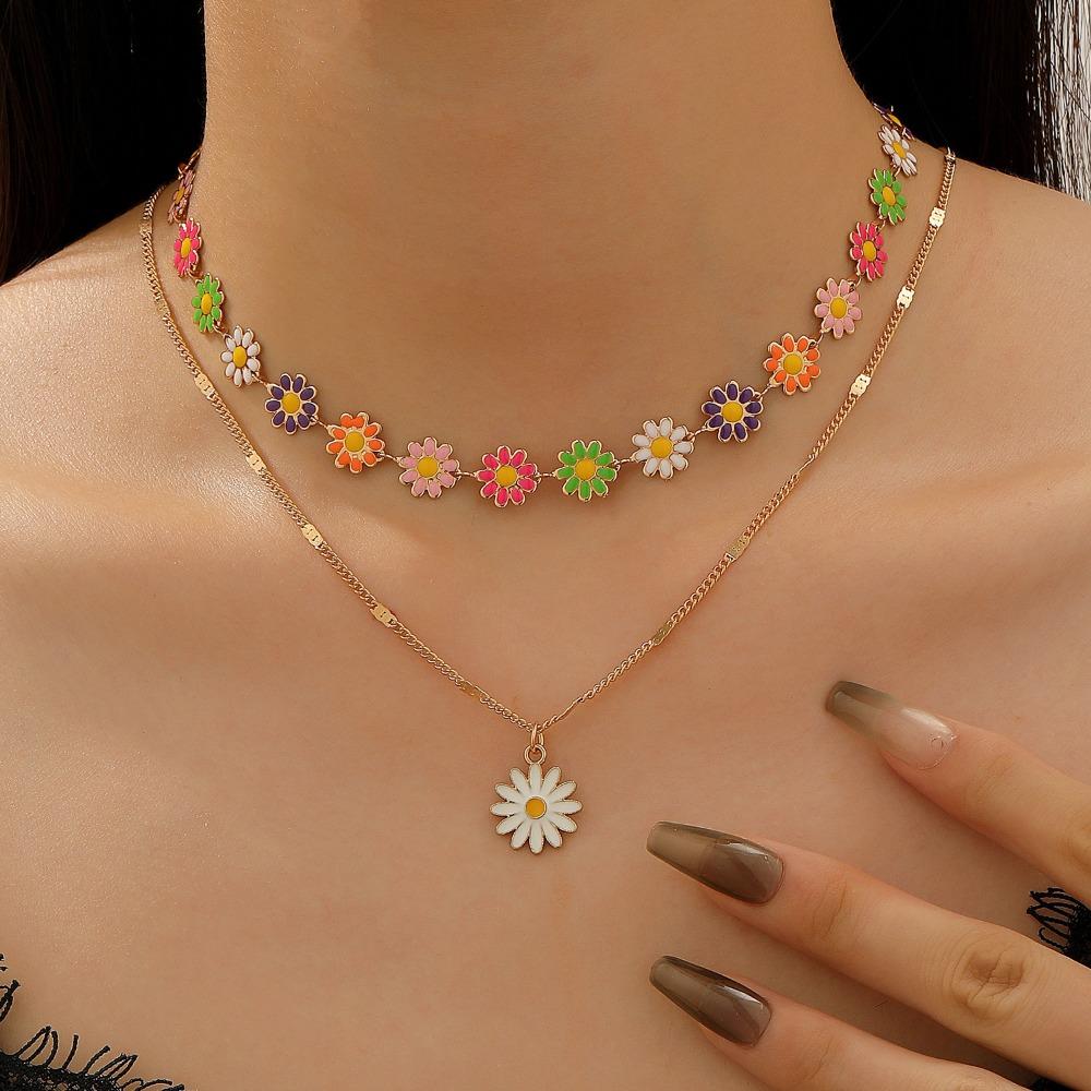 Cute Fashion Dopamine Colorful Little Daisy Flower Spliced Chain Double-layered Necklace for Women Bohemian Temperament Jewelry