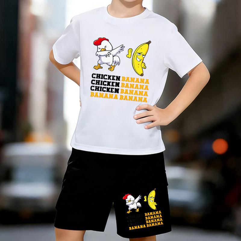 

Boys 2 Piece Funny Meme Chicken & Banana Printed Outfit, Short Sleeve T-Shirt and Shorts Set for Kids Age 5-14,White Sporty Casual Summer Clothes 13-14 Years білий