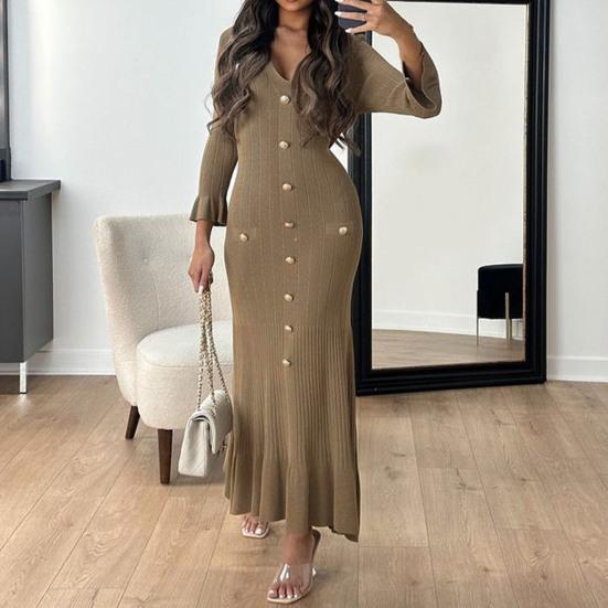 Spring Fall Women Dress Button Decor V Neck Knitted Long Sleeves Slim Fit Patchwork Fishtail Hem Solid Color Stretchy Maxi Dress