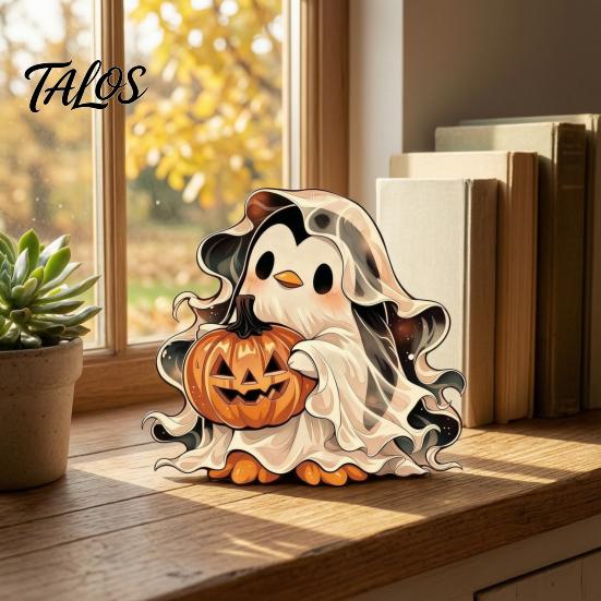 Halloween Party Supplies Wooden Ghost Ornament with Pumpkin Pattern, Double Sided Desktop Decoration, Spooky Tiered Tray Decor Decor, Wood Tabletop