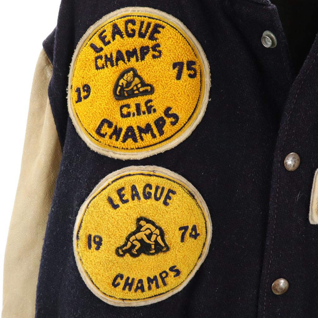 VINTAGE 70s Wappen Leather Switching Award Jacket 44 Navy Stajan Men's Used