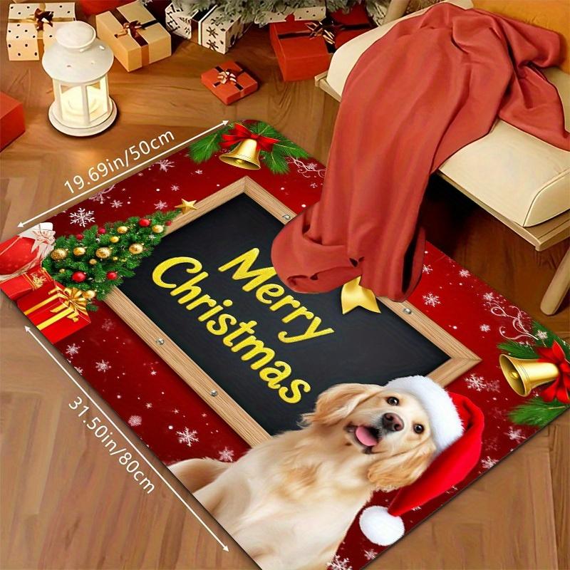 Golden Retriever Christmas Flannel Mat Carpet, Blackboard Blessing Design Pet Mat Non-Slip for Living Room Bedroom Office Decor