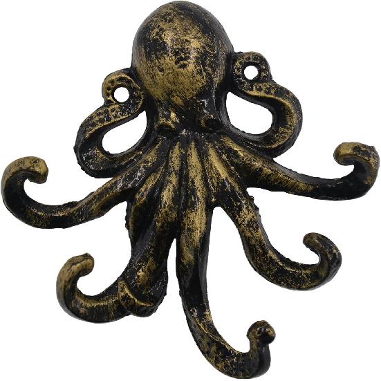Octopus Key Hooks for Wall, Antique Bronze Cast Iron Decorative Wall Hook Animal Coat Hooks