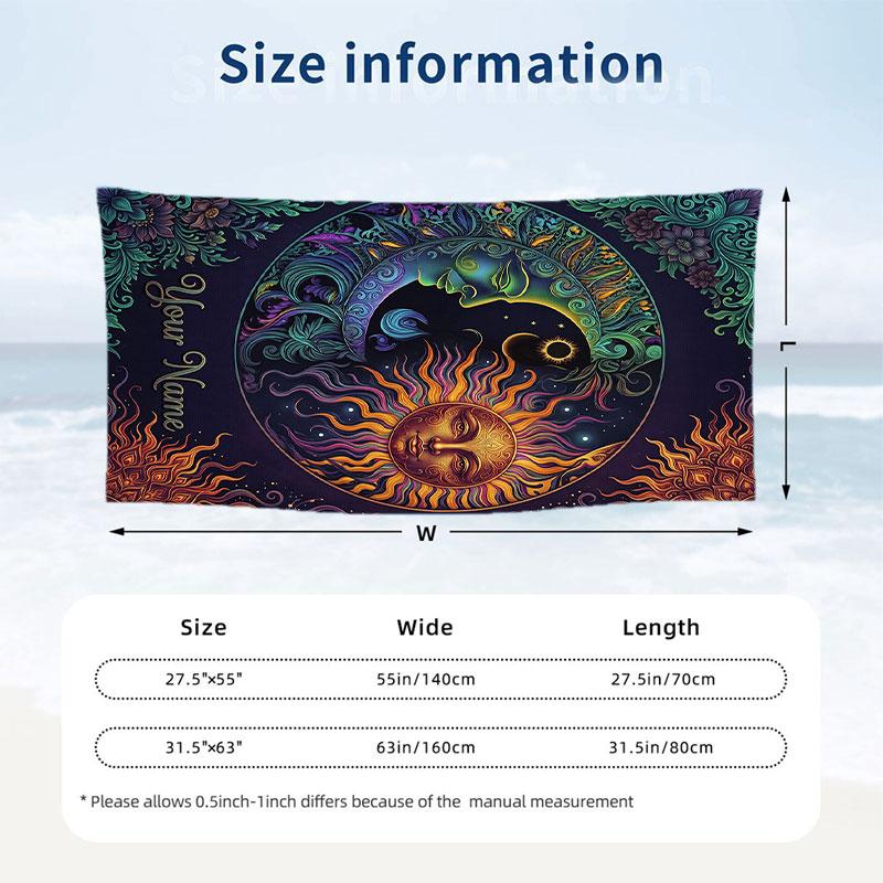 Sun Moon Art Theme Quick Dry Beach Towel Custom Name Text Print Large Sand Resistant Towel Beach Vacation