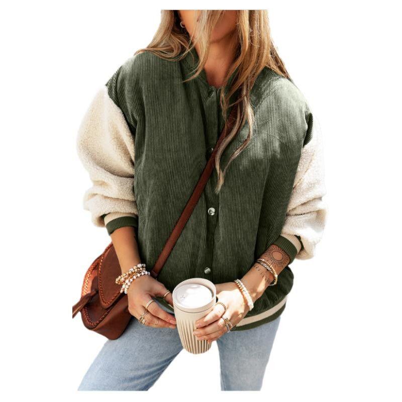 

American Shiying Color Matching Single-Breasted Jacket Women 2025 Winter New Warm Corduroy Long sleeve Outerwear Green Size XL fit (70.00 kg-75.00 kg