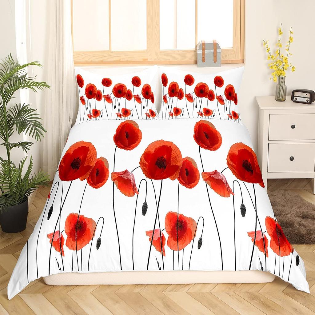 Flower Duvet Cover Set, Little Red Spring Summer Time Garden Florals Poppy Decorative 3 Piece Bedding Set with 2 Pillow Shams