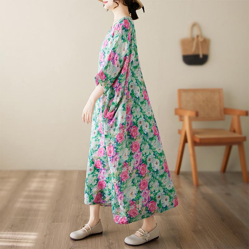 DIMANAF New 2025 Summer Dress Women Vintage Printing Floral Casual Plus Size Dress Loose O-Neck Dress Maxi
