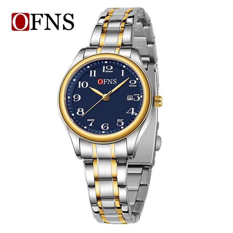 OFNS Couple's Wristwatch - Waterproof, Luminous, Quartz Watch with Steel or Leather Strap, Calendar Feature, for Casual or Business.