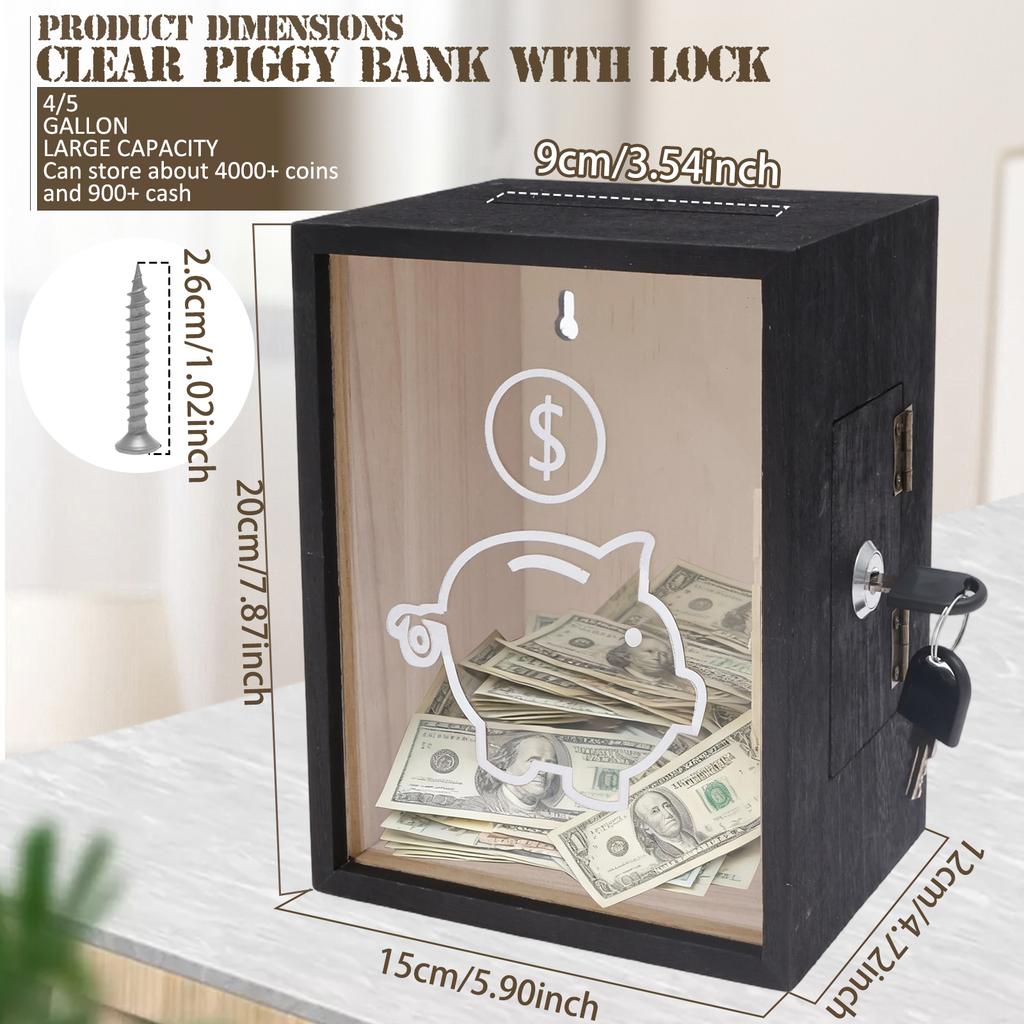 1Pc Clear Piggy Bank Wooden Money Boxes with Lock Large Money Saving Jar Cash Coin Storage Box Money Bank Box for Kid and Adults