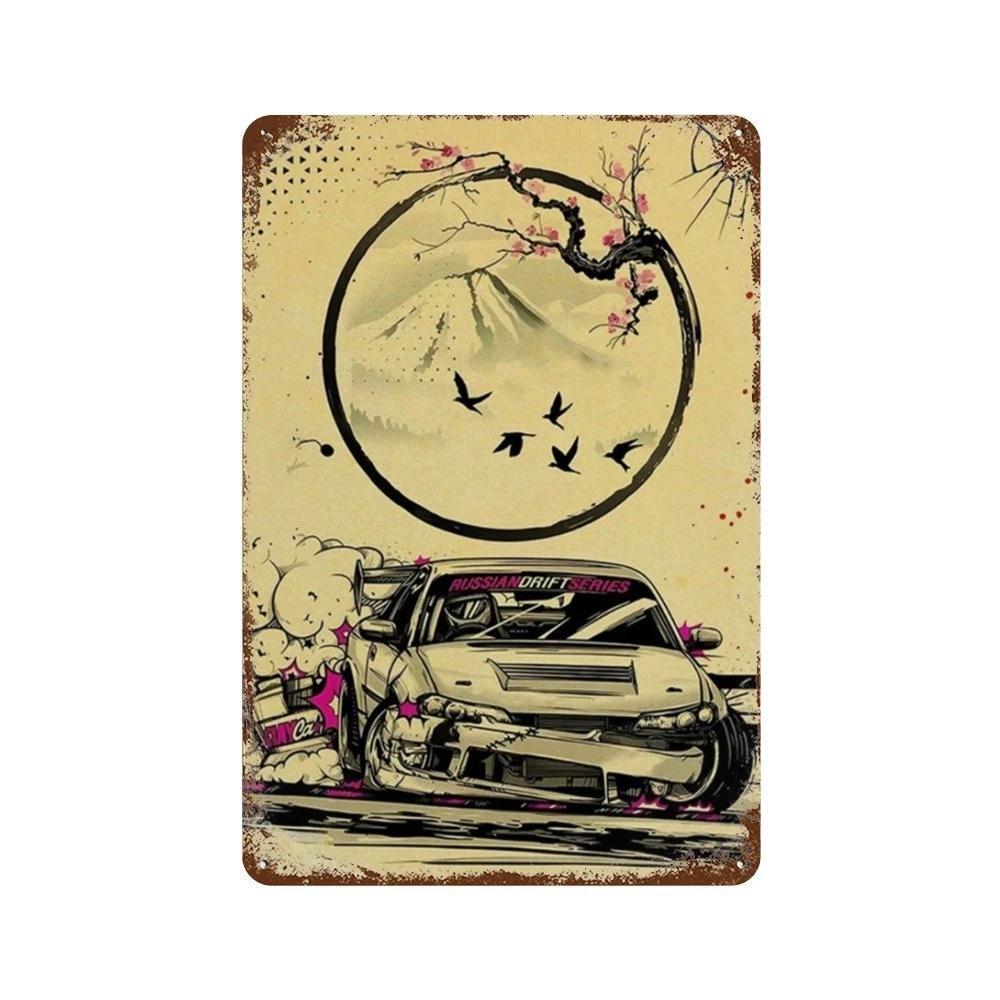 Auto Giapponesi d'Epoca Samurai Poster Latta Metallo Cartello Targhetta Giappone Corse Casa Club Jdm Auto Gtr Anime Luna Decorazione Murale Estetica