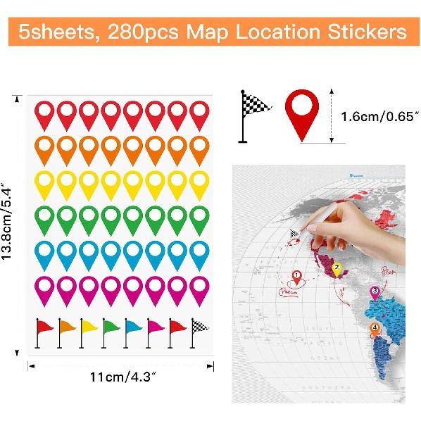 280PCS Map Location Stickers,Self Adhesive Peel and Stick Indicator Labels,Map Pointer Stickers for Marking Camping Adventure Sites or Travel