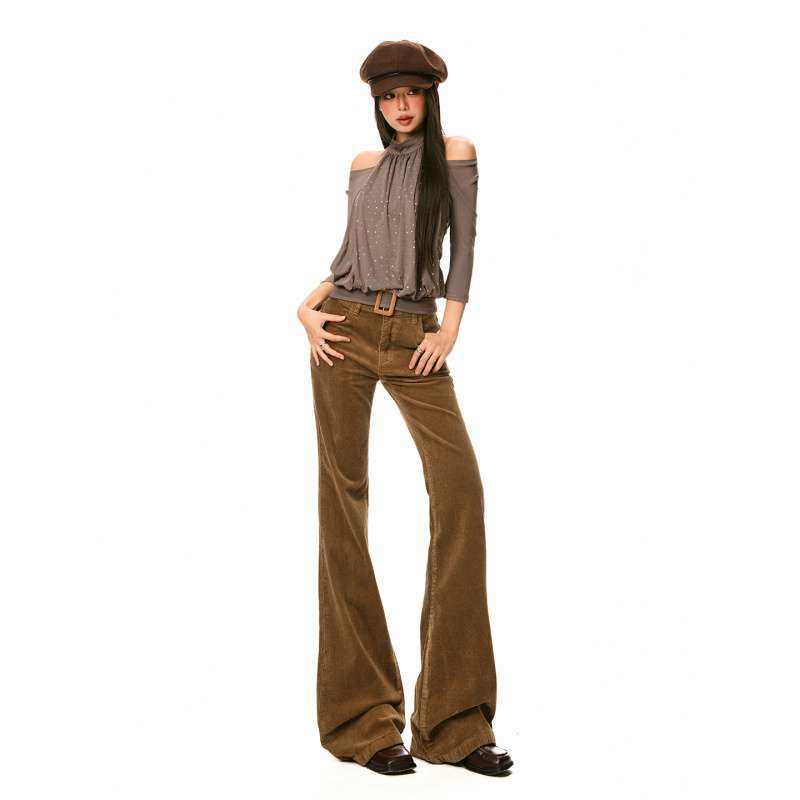 American Retro Low-Waist Corduroy Bell Bottom Pants for Women - Slimming Micro-Flare Spring Style Small