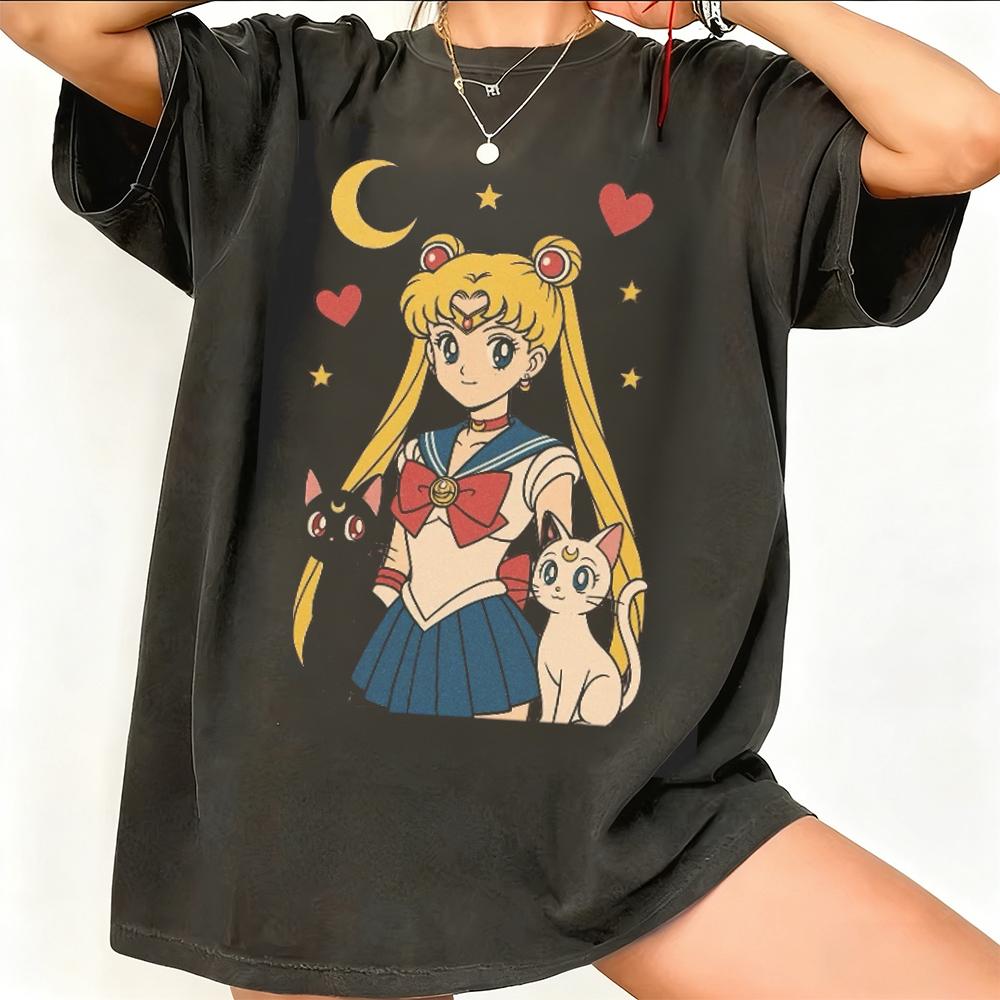 2026 Summer Sailor Moon Retro Cosplay Tshirt Unisexs Oversize Casual Cotton Printed Shortsleeved Unisex Childrens Sports Shirt