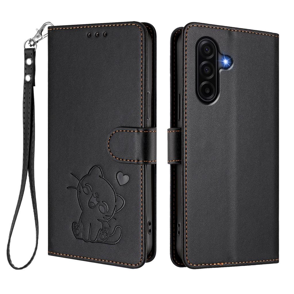For Samsung Galaxy A57 5G Wallet Case with Wrist Strap Love Cat Pattern Imprint Leather Phone Cover
