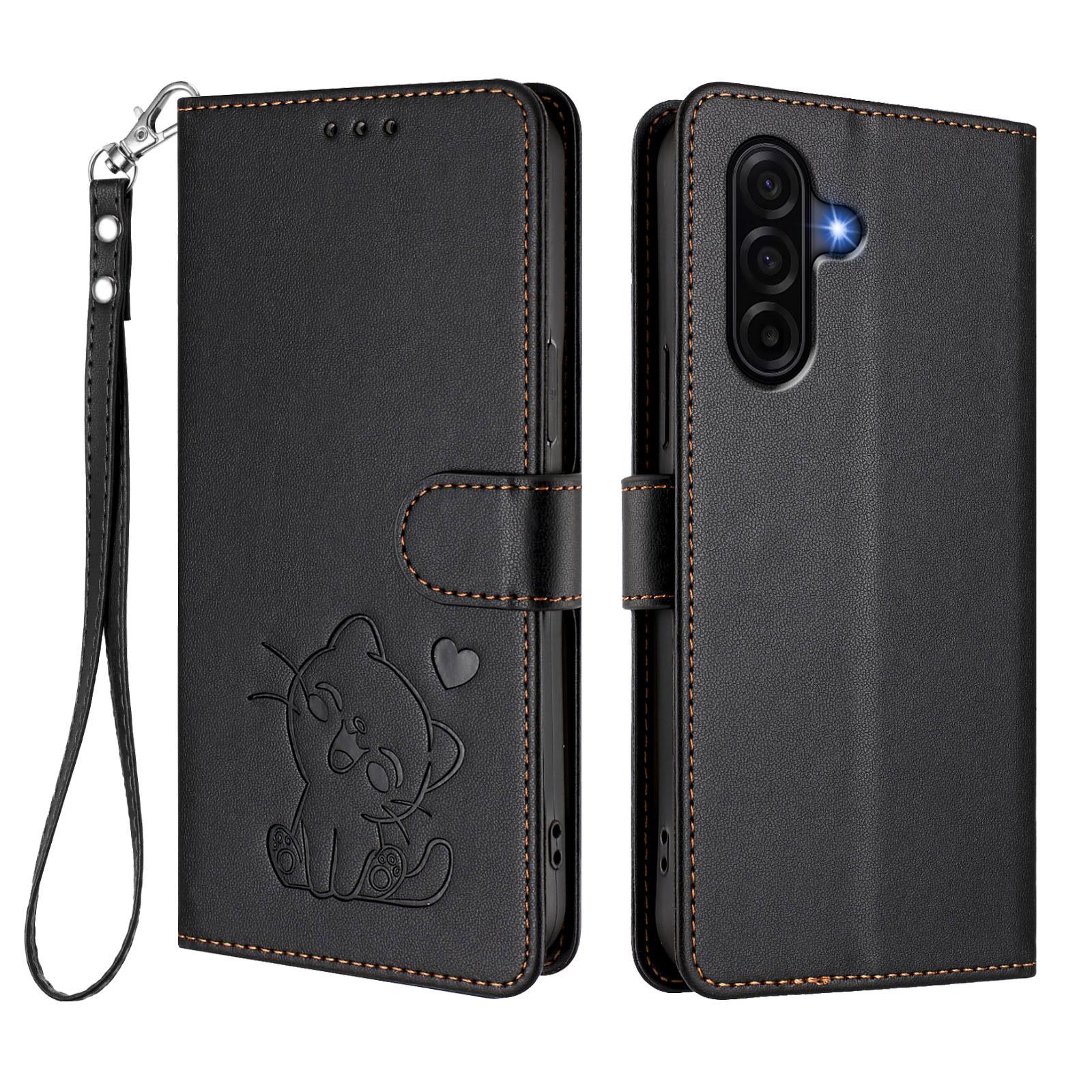 For Samsung Galaxy A57 5G Wallet Case with Wrist Strap Love Cat Pattern Imprint Leather Phone Cover