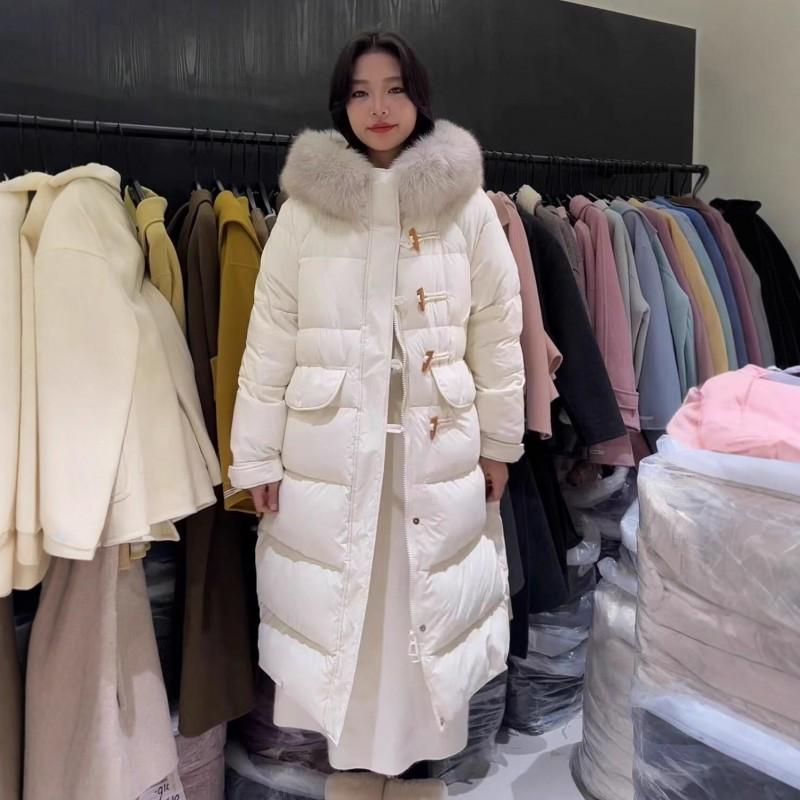 Womens Long White Duck Down Coat With Faux Fur Collar Korean Style Oversized Winter Jacket
