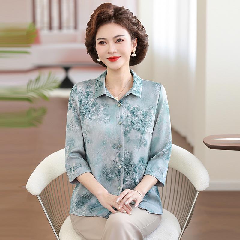 Fashionable Chiffon Lapel Shirt for Moms - Lightweight Summer Top with Seven-Sleeves for Middle-Aged and Elderly Women