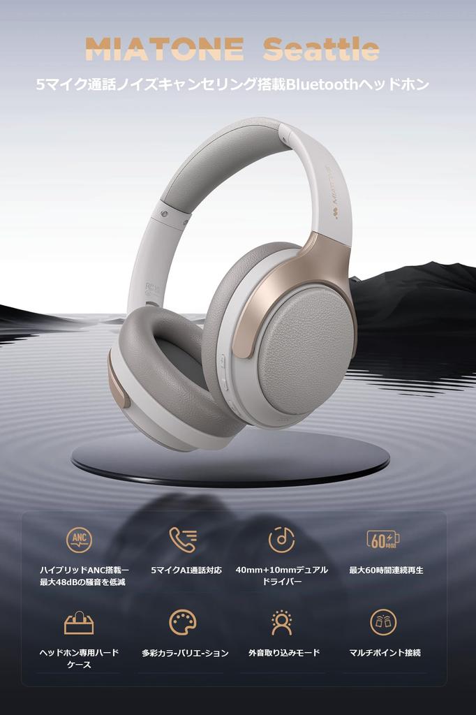 MIATONE Seattle Wireless Hybrid Active Noise up to Wireless AUX Wired Ambient Sound Capture Deep Headphone Storage Case Up to 60 Hours of 40mm 10mm
