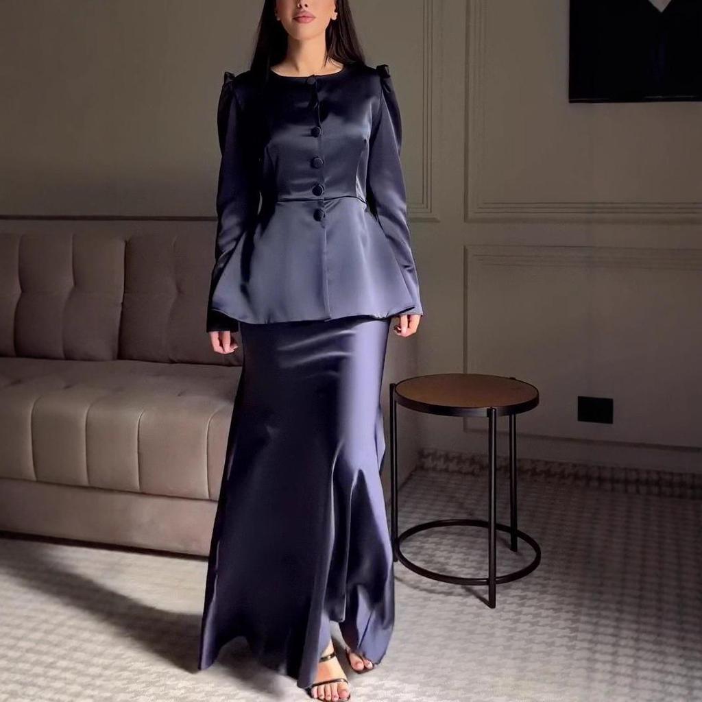 Podzimní dámský pracovní oblek s kulatým výstřihem a zapínáním na knoflíky v evropském a americkém stylu 2025