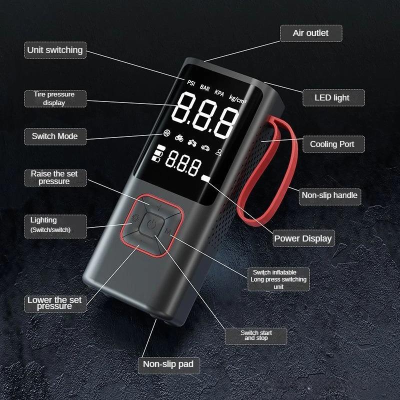 2000*3 MAH Car Wireless Air Pump Portable Air Compressor for Car Bicycle Ball Inflator 150PSI with Cigarette Lighter and USB Charging Cable