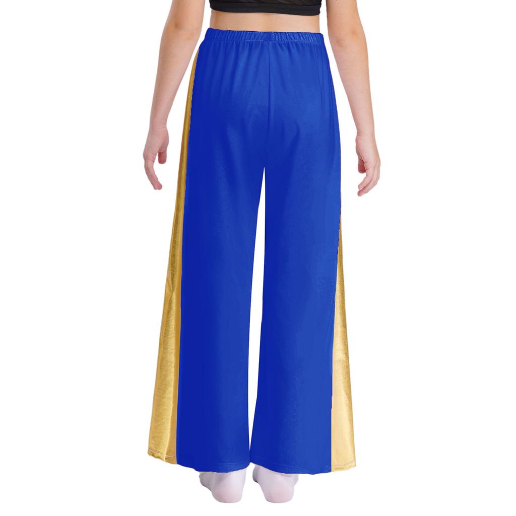 Girls Liturgical Dance Pants Metallic Patchwork Wide Leg High Waist Elastic Waistband Performance Trousers