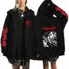 Berserk Anime Hooded Zip-Up Sweatshirt Men Oversized Fleece-Lined Pullover With Drawstring Cap Side Pockets