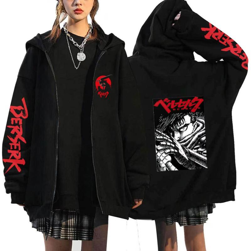 Berserk Anime Hooded Zip-Up Sweatshirt Men Oversized Fleece-Lined Pullover With Drawstring Cap Side Pockets