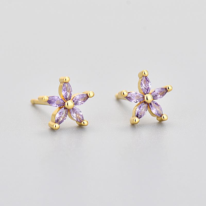 Colorful Zircon Flower Cat's Eye Earrings - Five-Petal Design with Rhinestones for Girls