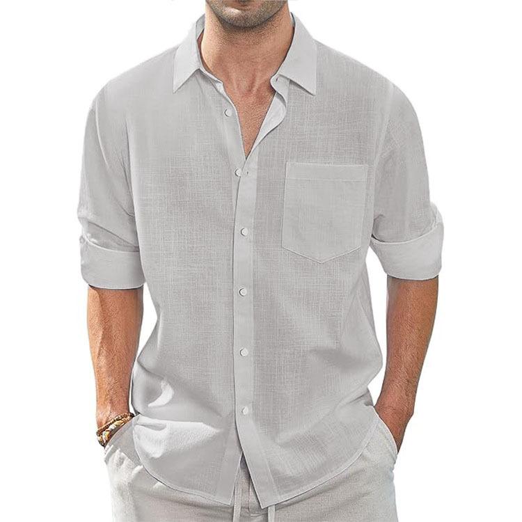 Cotton and Linen Shirt, Thin Lapel Collar with Pocket, Long-sleeved Shirt for Men