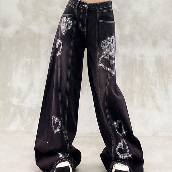 Shiny hot diamond decorative casual jeans women's autumn new high waist loose and thin versatile straight wide leg floor pants