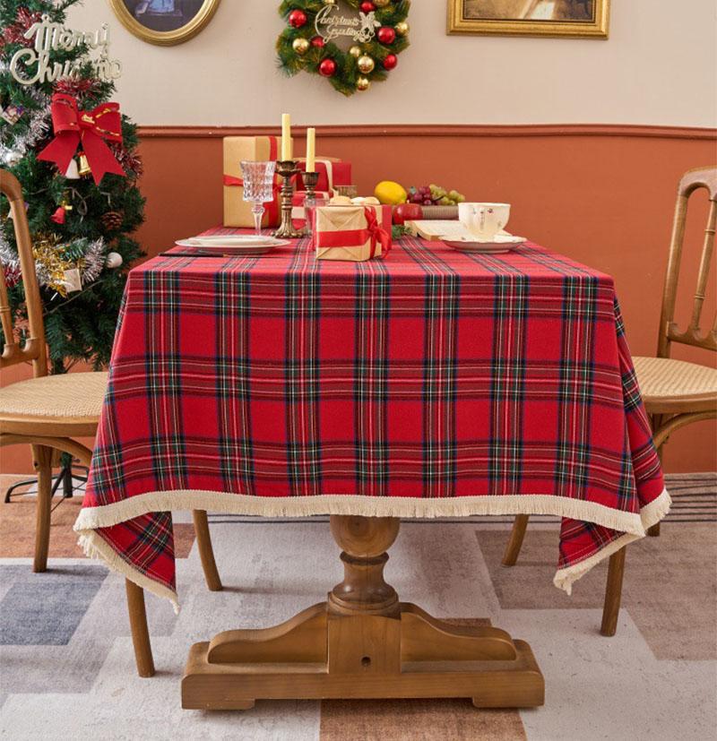 Christmas Plaid Tablecloth Winter Holiday Tassel Tablecloth Decor For Rectangle Tables Parties Dining Farmhouse Kitchen Decor