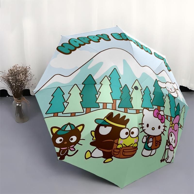 1pc Hello Kitty & Friends Earth Day Camping Trip Automatic Opening/Closing Umbrella with Portable Three-Fold Design, 8-Bone Iron Frame Outdoor Umbrell
