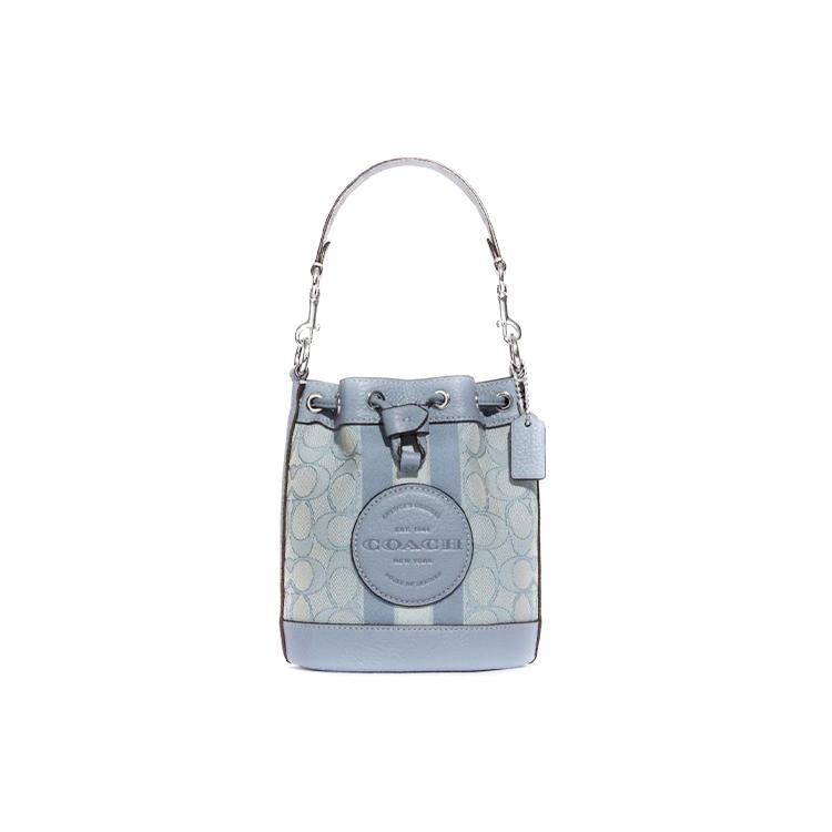 New COACH Dempsey Fabric Cow Leather Patchwork Bucket Bags Shoulder Bag Crossbody Bag Small Size Women's Lake Blue C8322-SVS9X