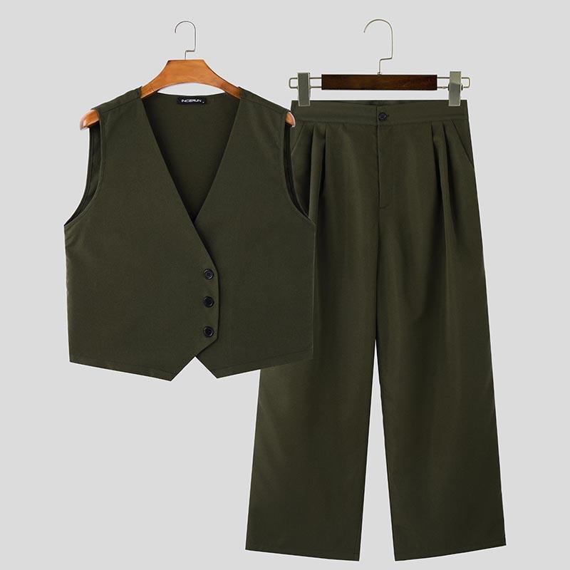 

INCERUN Комплект из двух предметов для мужчин, без рукавов, с пуговицами, короткие жилеты, длинные брюки 5XL армия зеленый