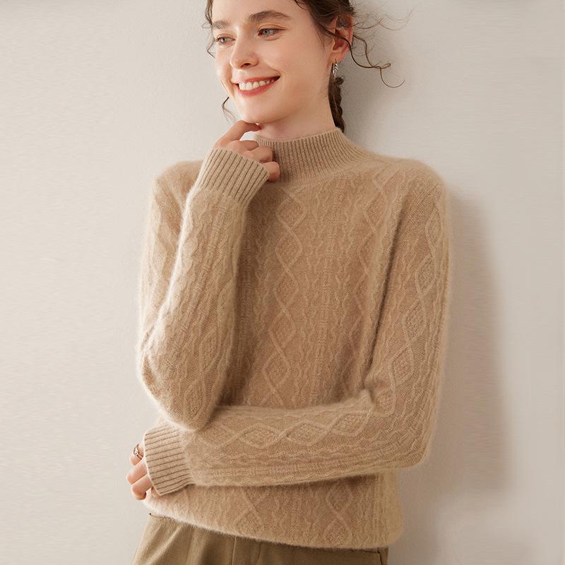 Retro Cable Knit Women's Cashmere High-Neck Pullover Sweater with Slimming Twist Pattern