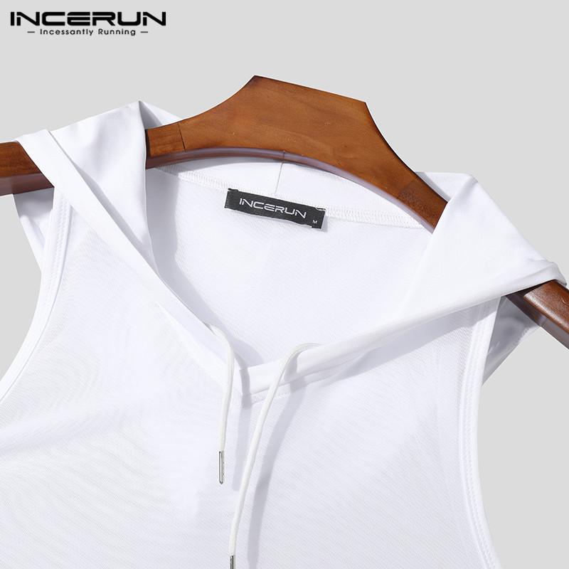 INCERUN Summer Men Drawstring Sleeveless Mesh Hooded Tank Tops