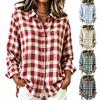Women's checkered collar long-sleeved shirt with loose shoulder cut and versatile casual style