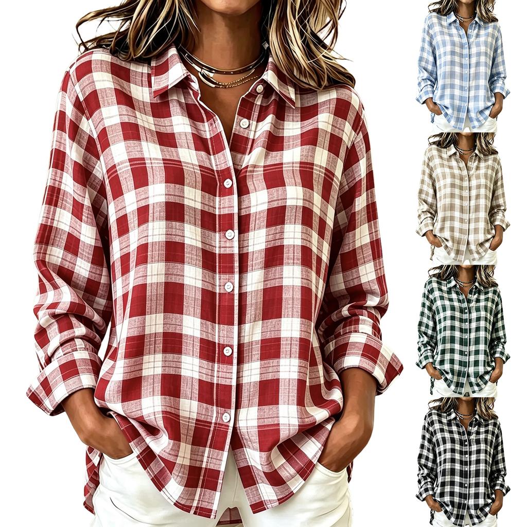 Women's checkered collar long-sleeved shirt with loose shoulder cut and versatile casual style
