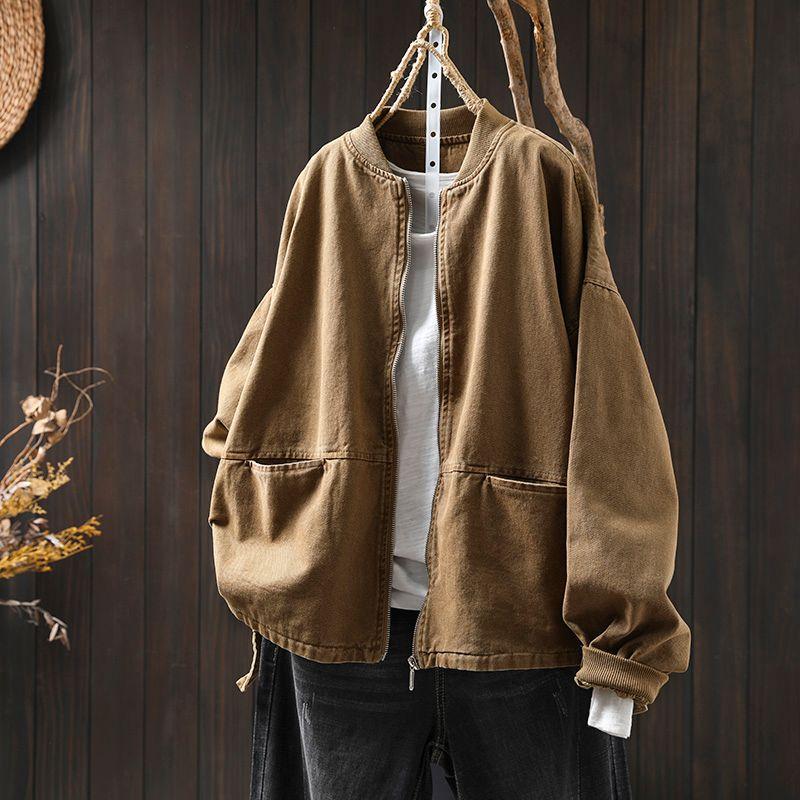 

Куртка-бейсболка из чистого хлопка со стойкой, женская свободная короткая, весна 2025, новинка, ретро, оверсайз, скрывающая полноту, для полных девушек Kakh One size