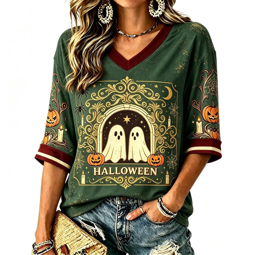 Women's Fashion Casual Halloween Print V-Neck T-Shirt