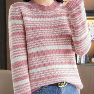 Autumn and Winter New Striped Crew Neck Women's Long-sleeved Knitted Sweater Retro Color Strip Pullover, Seven-pin Thickened Bottoming Shirt