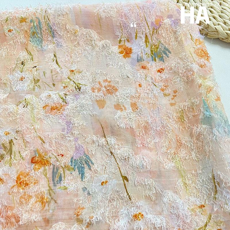 1 yard Retro akvarelová květinová třásňová šifonová žakárová látka DIY šití šatů čchang-pao digitální tisk designová látka