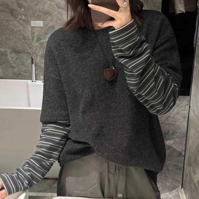 Ensemble Deux Pièces d'Aspect T-shirt à Manches Longues Rayé en Velours Côtelé Brossé pour Femme, Couche de Base Épaisse pour l'Automne et l'Hiver.